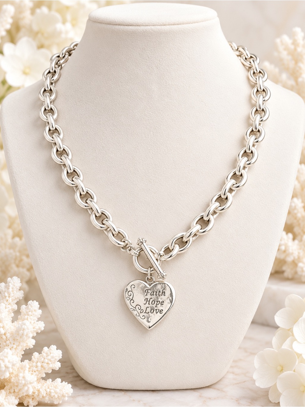 Faith Hope Love Silver Heart Toggle Necklace